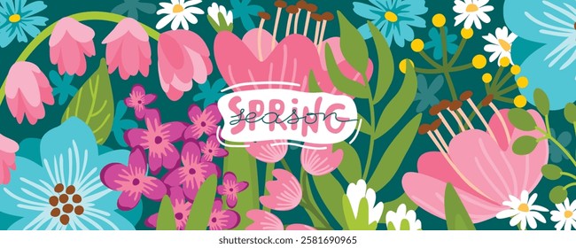 Spring season horizonial banner with flowers. Floral composition with buds, twigs and leaves. Pink, blue, yellow, white colors. Festive background for card, invitation, cover. Flat color illustration.