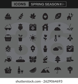 Spring Season Icon Set Featuring Line Art Symbols Representing Flowers, Butterflies, Sunlight, Gardening Tools, Picnic Essentials, and Nature Elements for Seasonal Design Projects
