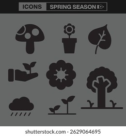 Spring Season Icon Set Featuring Line Art Symbols Representing Flowers, Butterflies, Sunlight, Gardening Tools, Picnic Essentials, and Nature Elements for Seasonal Design Projects