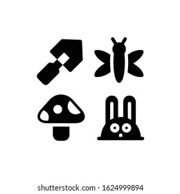 Spring Season Icon Set With Mushroom, Rabbit, Shovel & Dragonfly, Vector Illustrations