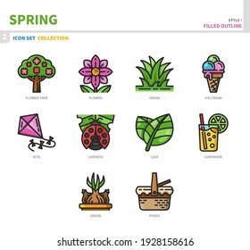 spring season icon set,filled outline style,vector and illustration
