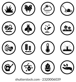 Spring Season Icons. Black Flat Design In Circle. Vector Illustration.