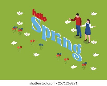 Spring Season Illustration with Couple in Nature Surrounded by Flowers and Text 3d isometric vector illustration