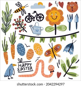 Spring season illustration set. Isolated on white. Carrot, Easter, egg, bee, butterfly, green, bear, flower, character, bike, cute worm. Nature collection flat doodle.