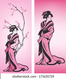 Spring season Japanese geisha vector decoration - sakura tree blossom