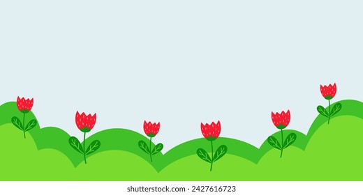 Spring season landscape with tulips. Spring vector banner. Spring sale header or voucher template.