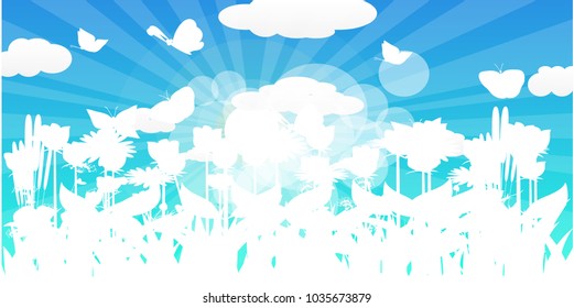 spring season landscape vector, plant flower and butterflies, with sun ray and blue sky background, white tone color concept.vector art and illustration.