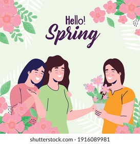 spring season lettering card with girls and floral frame vector illustration design