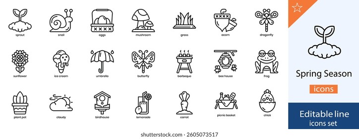 Spring Season Line Icons Collection. Nature, Flowers, Weather, and Seasonal Change Outline Icons. Editable Stroke, Vector Illustration.