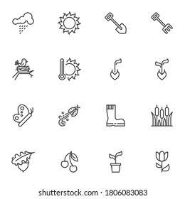 Spring season line icons set, outline vector symbol collection, linear style pictogram pack. Signs, logo illustration. Set includes icons as gardening equipment, shovel and rake, seedling, rubber boot