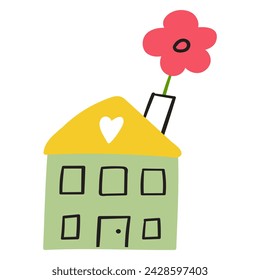 Temporada de primavera. Una casita con una flor. Diseño plano dibujado a mano. Ilustración vectorial sobre fondo blanco. 