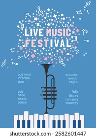 Spring Season Live Music Festival minimal design vector poster. Piano keyboard, trumpet, musical notes cartoon illustration. Blooming Vibes Music Fest performance, outdoor event celebration background