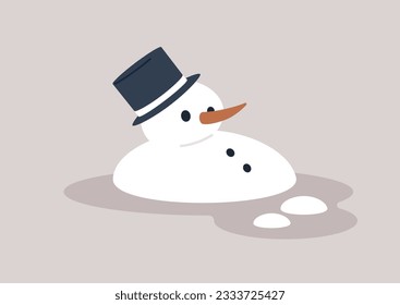 Spring season, a melting snowman turning into a puddle of water