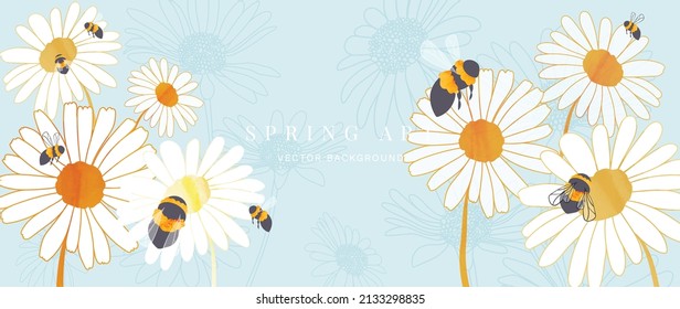 Spring season on blue sky background. Luxury floral and insect wallpaper with blossom garden, white daisy flower, group of bees. Gold line art graphic design for banner, cover, decoration, poster.