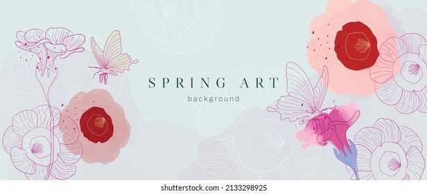 Spring season on blue watercolor background. Hand drawn floral and insect wallpaper with pink wild flowers and group of butterflies. Line art graphic design for banner, cover, decoration, poster.