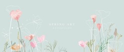 Spring Season On Green Watercolor Background. Hand Drawn Floral And Insect Wallpaper With Pink Wild Flowers And Group Of Butterflies. Line Art Graphic Design For Banner, Cover, Decoration, Poster.