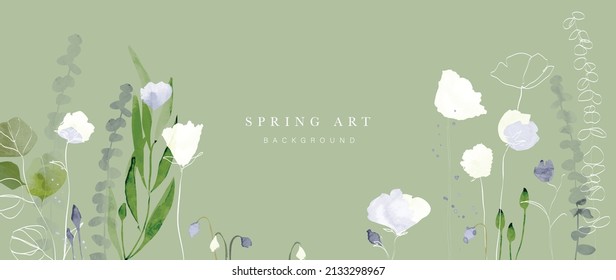 Spring season on green watercolor background. Hand drawn floral and insect wallpaper with wildflowers, foliage, eucalyptus leaves. Line art graphic design for banner, cover, decoration, poster.