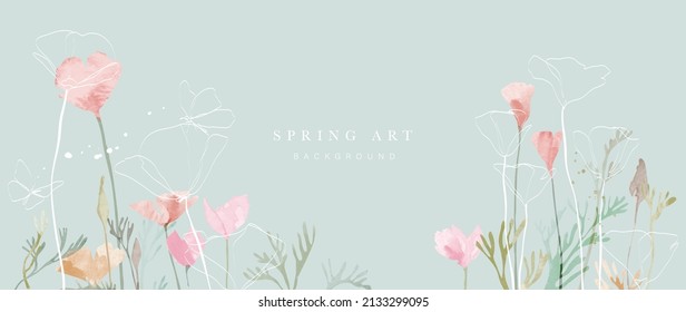 Spring season on green watercolor background. Hand drawn floral and insect wallpaper with pink wild flowers and group of butterflies. Line art graphic design for banner, cover, decoration, poster.
