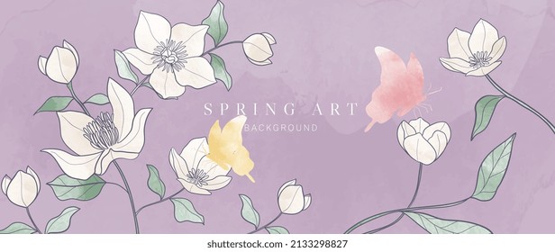 Spring season on purple watercolor background. Line art floral and insect wallpaper with white wild flowers, butterflies, branches and leaf. Nature design for banner, cover, decoration, poster.