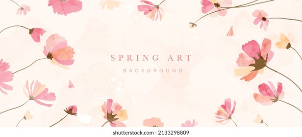 Spring season on warm tone watercolor background. Floral and botanical wallpaper with blooms, wild flowers in watercolor texture. Blossom garden graphic design for banner, cover, decoration, poster.