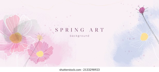 Spring season on warm tone watercolor background. Floral and botanical wallpaper with blooms, wild flowers, blossom garden. Luxury with gold line design for banner, cover, decoration, poster.