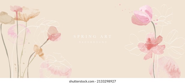 Temporada de primavera con un fondo de color agua de tonos cálidos. Papel de pared floral y botánico con flores, flores silvestres, jardín de flores. Lujo con diseño de línea dorada para banner, cubierta, decoración, afiche.