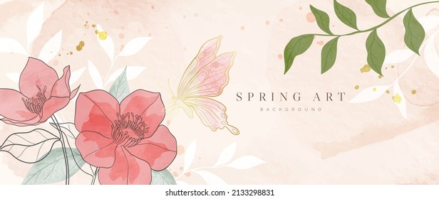 Spring Season On Watercolor Background. Line Art Floral And Insect Wallpaper With Red Wild Flowers And Group Of Butterflies, Golden Glitter. Luxury Design For Banner, Cover, Decoration, Poster.