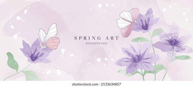 Temporada de primavera sobre fondo de textura acuarela. Papel pintado a mano de flores y de insectos con flores moradas, mariposas, hojas. Diseño artístico de jardín floreciente para banner, portada, decoración, afiche.