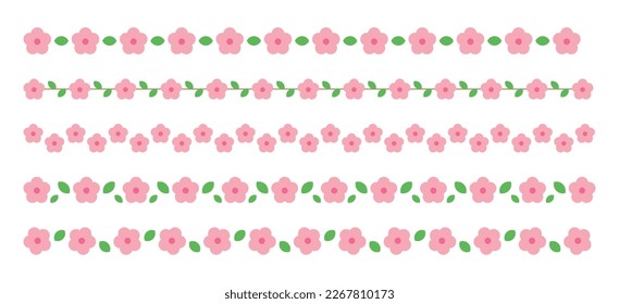 Spring season pink Cherry Blossom flower concept design deco pattern border set. Repeated lines of flowers and leaves.