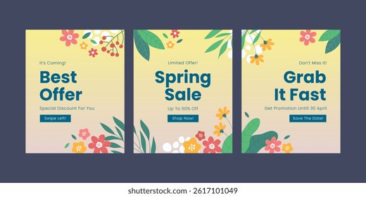 Spring Season Promotion Sale for Social Media Template. Hand Drawn Abstract Floral Leaves Pastel Colors. Able to use for posts, story, banner, brochure, leaflet, flyer.