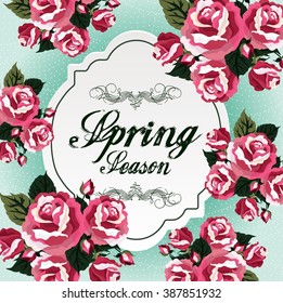 Spring season with red flowers roses and paper. vector