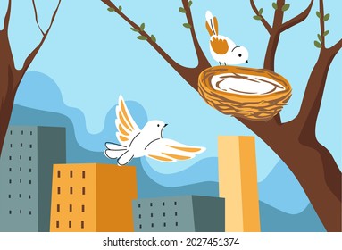 Spring season revival of nature and blooming of flora. Birds in nest on tree, cityscape view with skyscrapers and tall apartments and buildings Springtime forest awakening. Vector in flat style