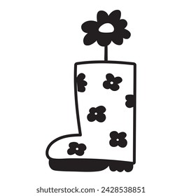 Spring season. Rubber shoe with flower. Outline icon. Black color. Vector illustration on white background.