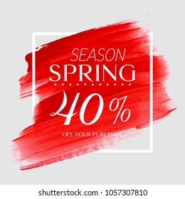 Spring Season Sale 40% off sign over watercolor art brush paint stroke background vector illustration. Perfect acrylic design for a shop and sale banners.