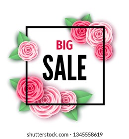 Spring  season  sale banner with  flowers. Rose. Clearance offer. Floral colorful  bright background. Vector   design elements for promotion offer, fashion, poster, voucher, greeting card.