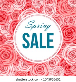 Spring  season  sale banner with  flowers. Rose. Clearance offer. Floral living coral bright background. Vector   design elements for promotion offer, fashion, poster, voucher, greeting card.