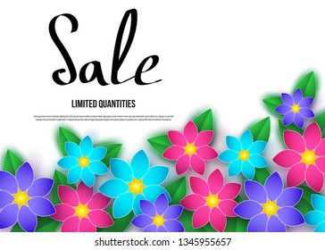 Spring  season  sale banner with  flowers. Clearance offer. Floral colorful  bright background. Vector   design elements for promotion offer, fashion, poster, voucher, greeting card.