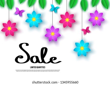 Spring  season  sale banner with  flowers. Clearance offer. Floral colorful  bright background. Vector   design elements for promotion offer, fashion, poster, voucher, greeting card.