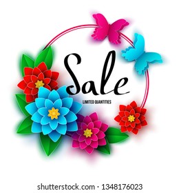 Spring  season  sale banner with  flowers. Clearance offer. Floral colorful  bright background. Vector   design elements for promotion offer, fashion, poster, voucher, greeting card.