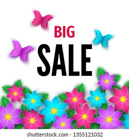 Spring  season  sale banner with  flowers. Clearance offer. Floral colorful  bright background. Vector   design elements for promotion offer, fashion, poster, voucher, greeting card.