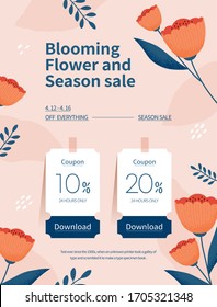 Spring season sale. Coupon web page of flower illustration. Flower frame vector illustration.