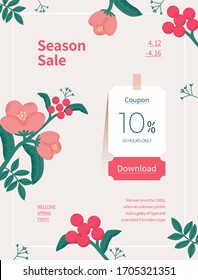 Spring Season Sale. Coupon Web Page Of Flower Illustration. Flower Frame Vector Illustration.