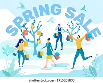 Spring Season Sale Flat Vector Advertising Banner with Happy Female, Male Customers, Excited People Walking Outdoors, Carrying Packets After Shopping Goods with Discounts on Seasonal Sale Illustration