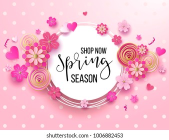 Spring season sale offer, banner template. Pink ribbon with lettering and flower, roses, isolated on pink striped background. Feminine sale tag. Shop market poster design. Vector illustration.