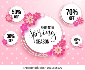 Spring season sale offer, banner template. Pink ribbon with lettering and flower, roses, isolated on pink striped background. Feminine sale tag. Shop market poster design. Vector illustration.