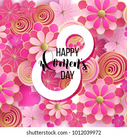 Spring season sale offer, banner template. Pink ribbon with lettering and flower, roses, isolated on pink striped background. Feminine sale tag. Shop market poster design. Vector illustration.