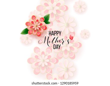 Spring season sale offer, banner template. Pink ribbon with lettering and flower, roses, isolated on pink striped background. Feminine sale tag. Shop market poster design. Vector illustration.