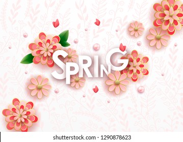 Spring season sale offer, banner template. Pink flowers and pearl, roses, isolated on background. Feminine sale tag. Shop market poster design. Vector illustration. Greeting card women day, march