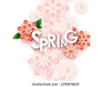 Spring season sale offer, banner template. Pink flowers and pearl, roses, isolated on background. Feminine sale tag. Shop market poster design. Vector illustration. Greeting card women day, march
