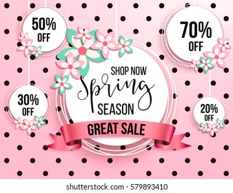 Spring season sale offer, banner template. Pink ribbon with lettering, isolated on pink background with roses. Feminine sale tag. Shop market poster design. Vector illustration.  Elegant luxury design